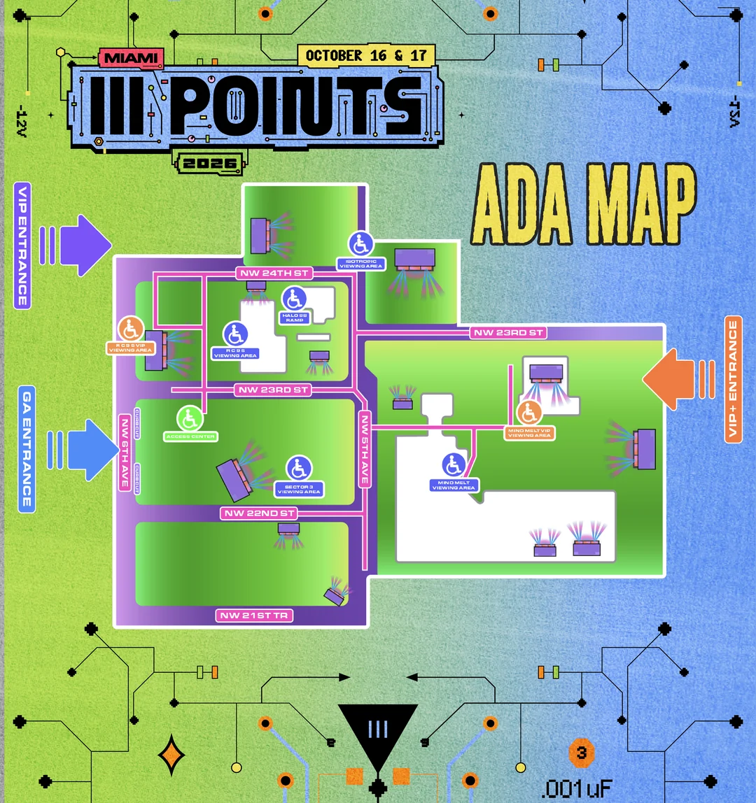 III Points 2026 ADA map: accessible entrances, accessible routes, accessible viewing areas and accessible restrooms