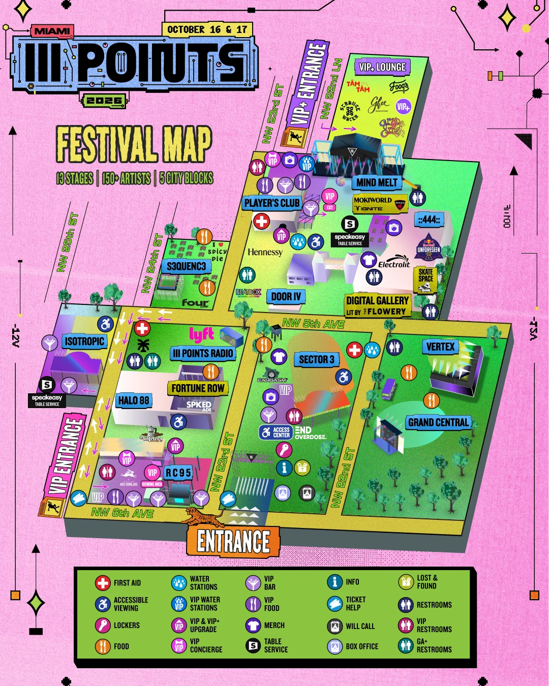 III Points 2026 festival map: 13 stages, entrances, bars, food, water stations, restrooms, lockers, first aid and info across 5 city blocks at Mana Wynwood