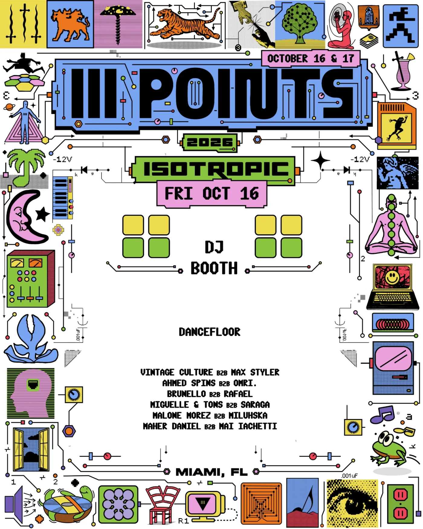Isotropic table map for Friday, OCT 16: stage, dancefloor, DJ booth and table sections