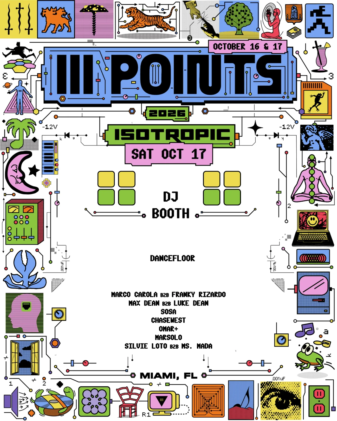 Isotropic table map for Saturday, OCT 17: stage, dancefloor, DJ booth and table sections
