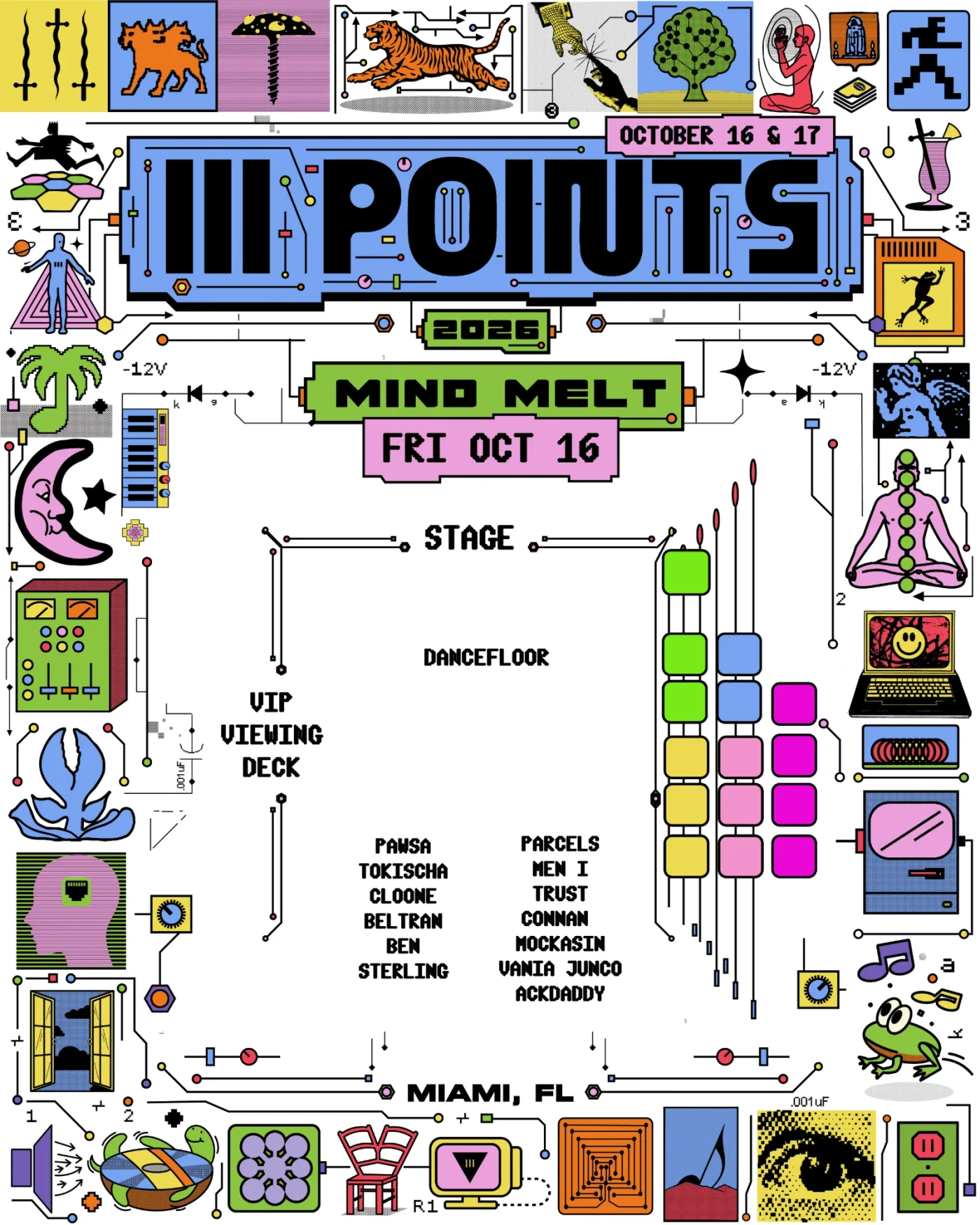 Mind Melt table map for Friday, OCT 16: stage, dancefloor, VIP viewing deck and table sections