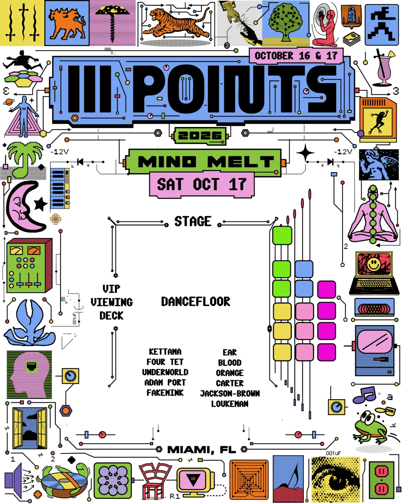 Mind Melt table map for Saturday, OCT 17: stage, dancefloor, VIP viewing deck and table sections